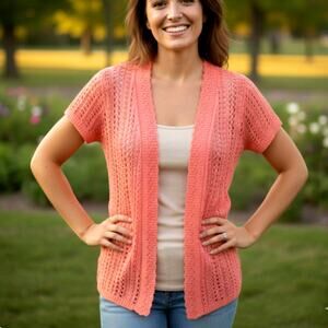 Y2K 90s Pointelle Knit Cardigan Sweater Coral Pink Crochet Coquette Womens M